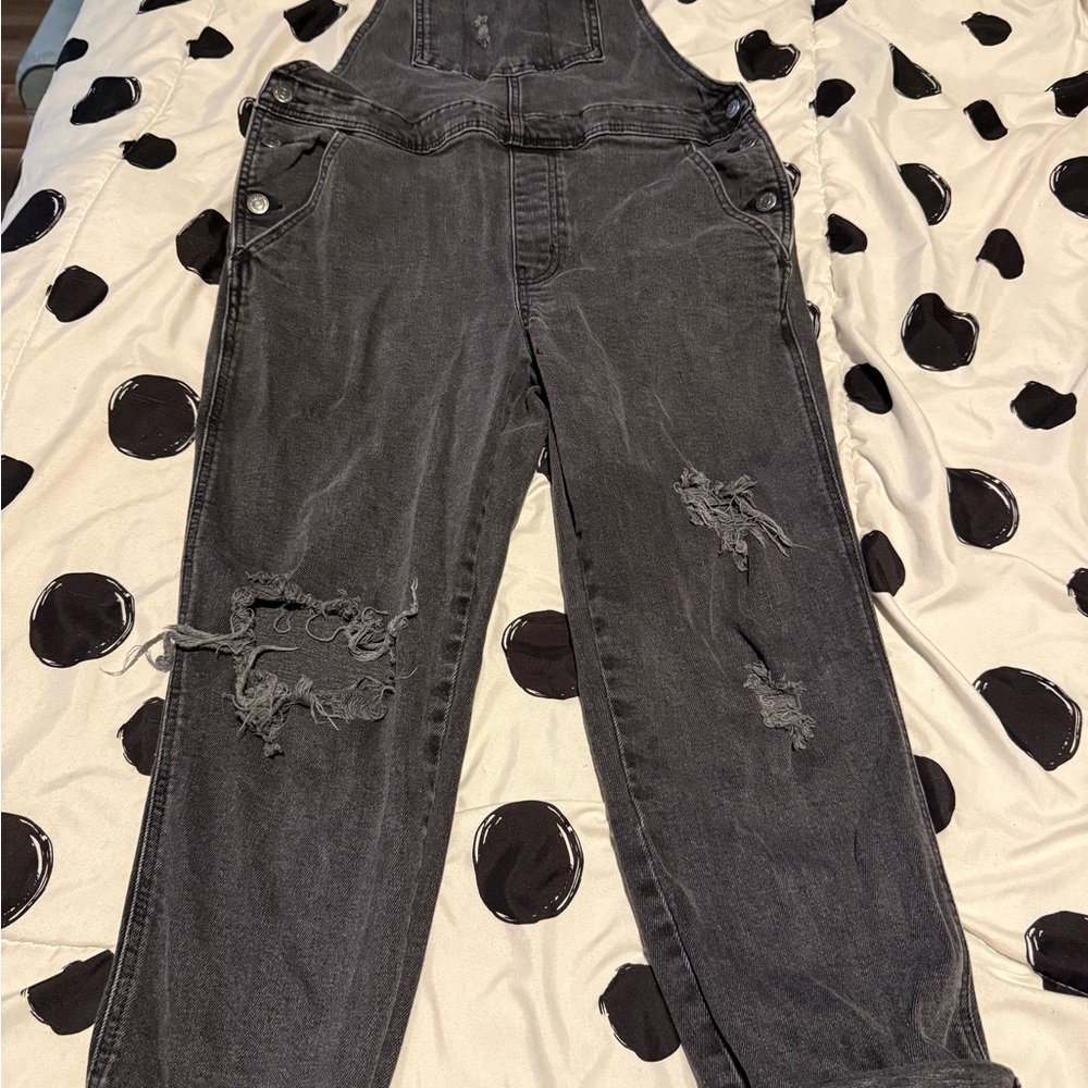 Old Navy Black Gray Distressed Denim Overalls 12